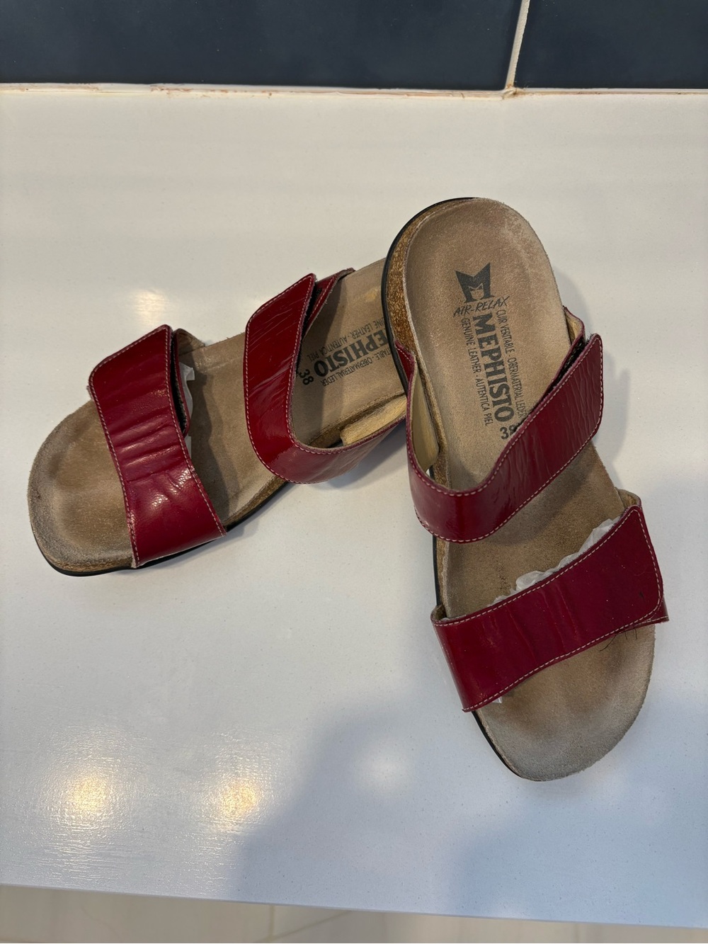Mephisto Burgundy Red Leather Double-Strap Slide Sandals